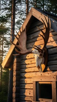 Moose skull mounted on rustic wooden cabin wall, sunlight on log cabin, forest background Vertical video