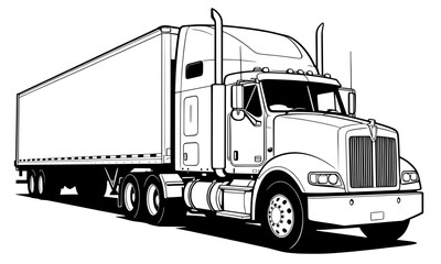 American Semi-Truck with Cargo Trailer Line Art Vector for Logistics and Freight