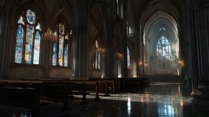 Obraz premium Magnificent Gothic Cathedral Interior with Stained Glass and Marble Floor