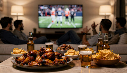 Friends Watching Football Game at Home with Beer and Snacks