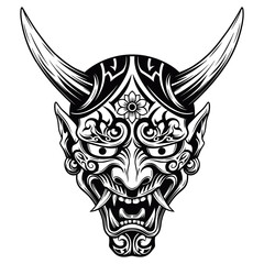 japanese oni demon mask black and white vector Illustration, Oni Demon Mask Vector Art