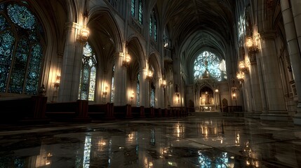 Obraz premium Magnificent Gothic Cathedral Interior with Stained Glass and Marble Floor