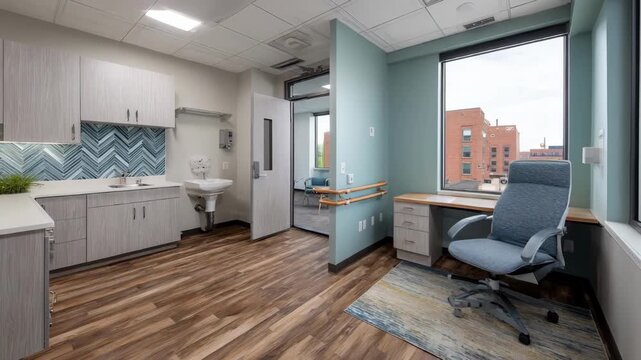 Therapy space featuring a grab bar installation near the sink with a lowvision client navigating independently emphasizing tactile and visual accessibility enhancements.