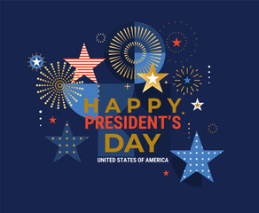 Happy Presidents Day, elegant card for event with abstract golden fireworks, stars in the colors of the American flag. Banner, poster, flyer for independence day, veterans, labor, memorial days.Vector