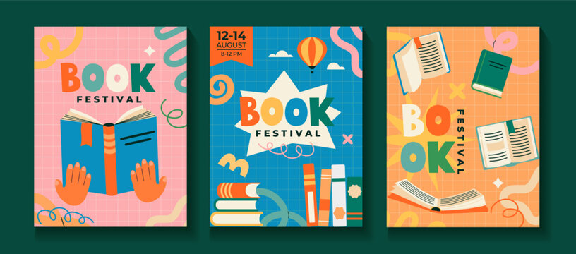 Set of bright flyers for book festival. Day for self education. Book fair concept with open and close books on fun childish background. Library or literature event. Book sale day. Vector illustration