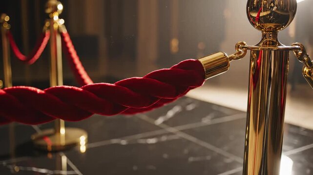 The camera slowly tracks past polished gold stanchions and a thick red velvet rope on a marble floor. These symbols of exclusivity stand firm as a silent line of defense. A metaphor for societal