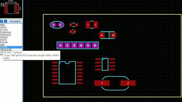 Video animation with placement of components of radio elements (contact pads and seats) on printed circuit board of electronic device. Engineering technic education computer electric cad design of pcb