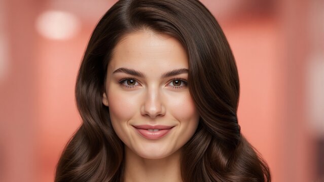 Portrait of smiling young woman with long wavy brown hair. Close up of female face with natural makeup on pink background. Beauty and skincare concept