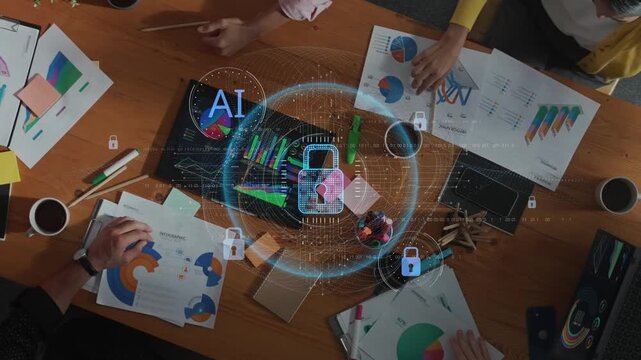 A diverse group of professionals collaborates in a modern office, focusing on AI technology and cybersecurity, highlighting teamwork and innovative ideas in action. Raster