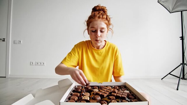 A young woman with red hair sits on the floor and eats chocolate from a large white box. She looks happy and excited about the sweet treat. Great for food, lifestyle, or diet content.