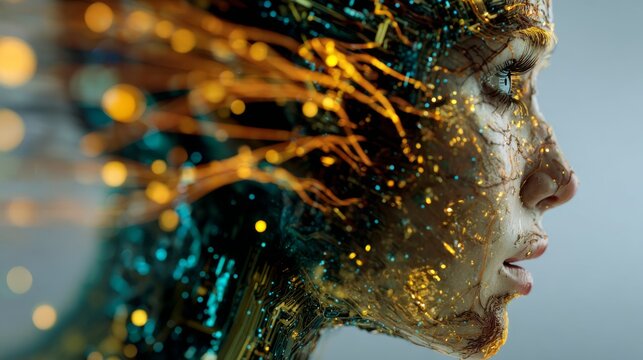 Futuristic Technology Art: Woman Profile in Cyan and Amber Neon Lighting