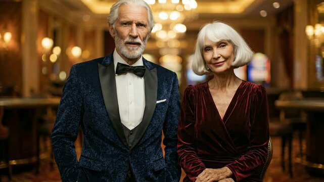 Elegant senior couple at casino. Stylish older man and woman in evening wear enjoy a luxurious night. Sophisticated, glamorous, wealth, joy. Perfect for advertisement or editorial use.