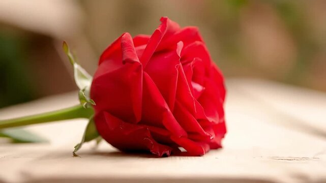 single red rose resting on wooden surface with soft light symbolizing love romance and valentine elegance