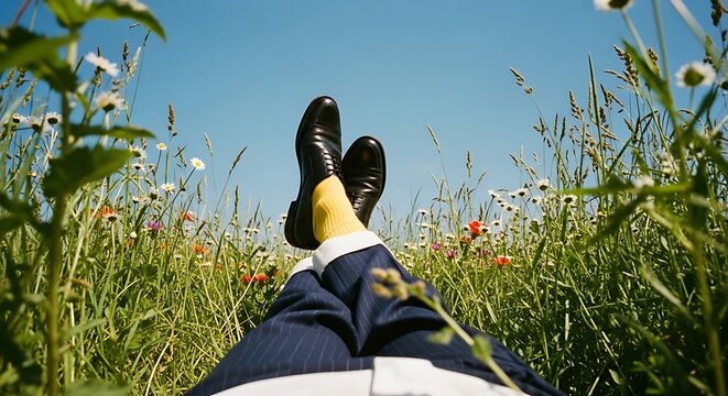 Man relaxing in field with blue suit, yellow socks and black shoes. Spring break weekend holiday. Summer outdoors with copy space.