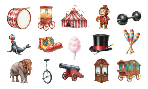 Vintage watercolor circus performance elements collection