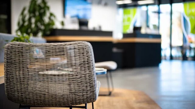 Stylish minimalist seating with clear sharpness in the foreground as an outoffocus welcoming desk and scanner signage create depth of field.