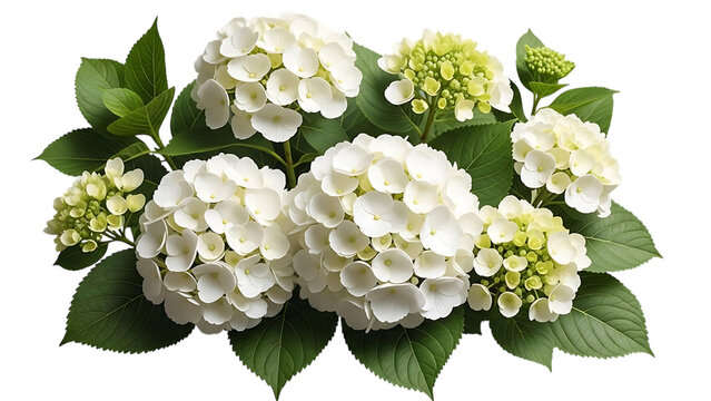 Elegant white hydrangea blooms with lush green leaves