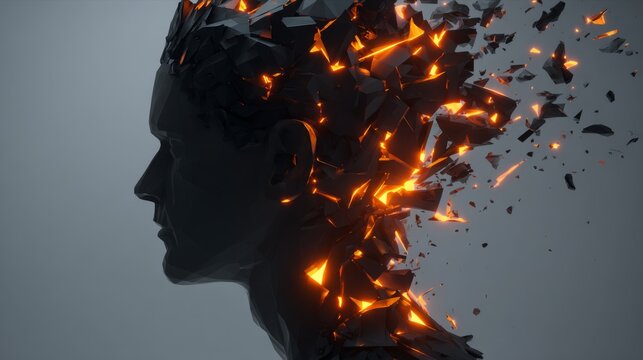 Futuristic Conceptual Illustration: Head Bursting into Obsidian and Orange Fragments