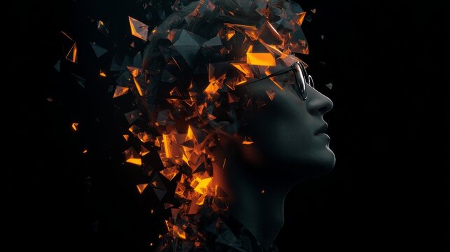 Dramatic High Contrast Art: Female Head Exploding into Glowing Tech-Geometry