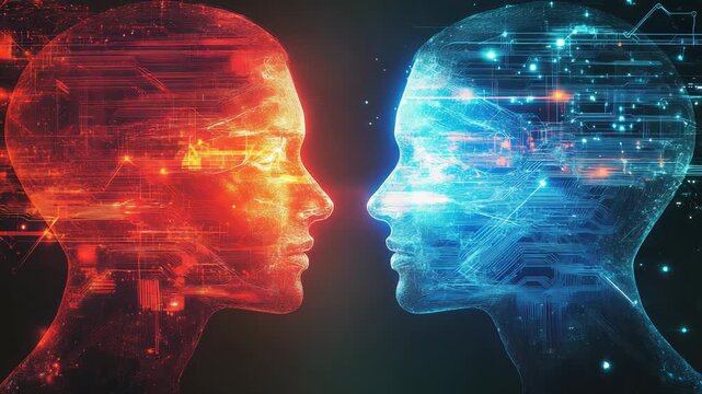 Two humanoid hologram heads facing each other in futuristic digital environment, glowing artificial intelligence interface, advanced neural network communication, cyber technology connection, transpar