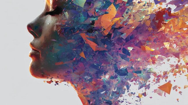 Modern Digital Art: Side Profile with Floating Geometric Fragments