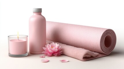 yoga mat, candle, and lotus flower for a zen mom, on a soft white background
