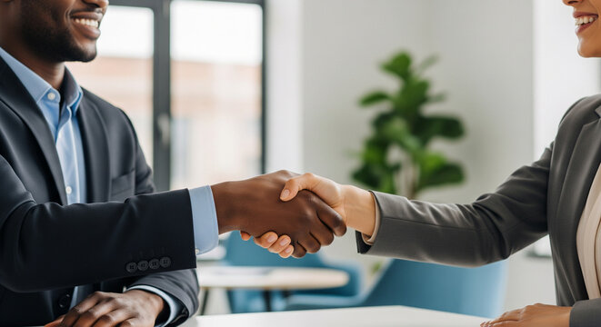 Close up of a shaking hands between a black man and a woman after a successful job interview, HR manager hiring the best candidate, business diversity and cooperation concept