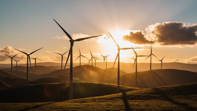 Un parque e&oacute;lico de turbinas blancas gira sobre colinas verdes bajo un atardecer dorado, destacando la energ&iacute;a renovable en un paisaje sereno.