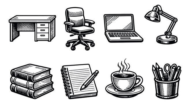 Hand drawn line art office supplies set featuring a desk, office chair, laptop, desk lamp, books, notebook, coffee, and stationery items for workplace and study