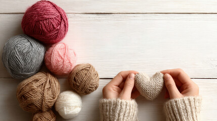 mother's hands knitting a small heart, yarn balls nearby, on a warm white background