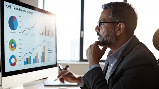 Businessman analyzing data on computer screen with graphs and charts