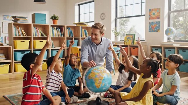 Diverse children and teacher learning geography with globe in classroom