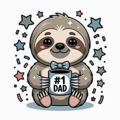 Fototapeta premium A cartoon sloth sits holding a mug labeled '#1 Dad'. 