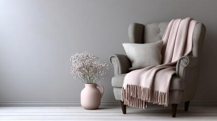 interior: a gray cozy armchair with pink decor elements, a scarf, and a vase with dried flowers
