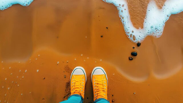 Feet wearing casual shoes standing on wet sand beside calming ocean waves