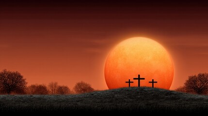  rising sun behind three crosses on a hill, hopeful