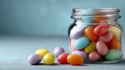 jar filled with colorful jelly beans, with a few spilling out onto a table