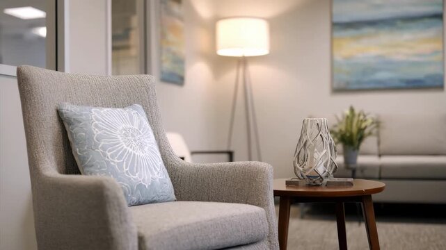 Medium shot capturing a calming behavioral health counseling space with soft lighting a comfortable chair in focus and blurred soothing artwork on the walls.