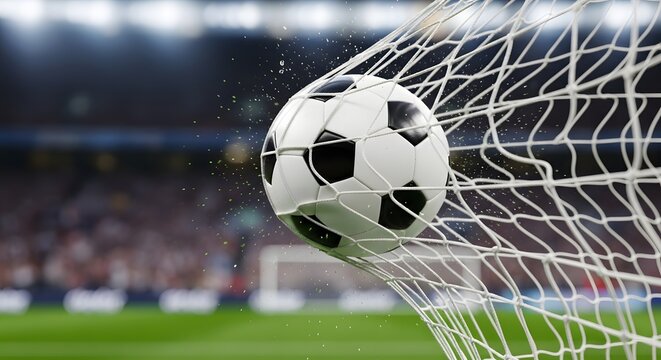 Soccer ball hitting the net during decisive goal moment, freeze action photography