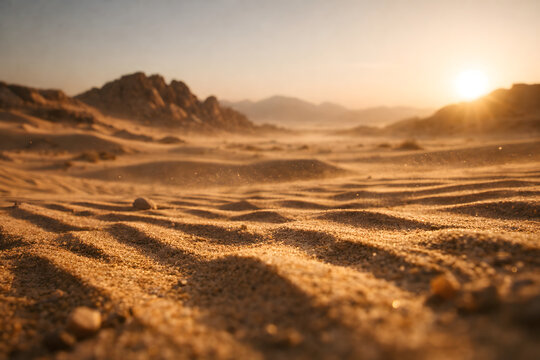 Bug&rsquo;s-eye view of endless desert dunes with rippled sand textures 