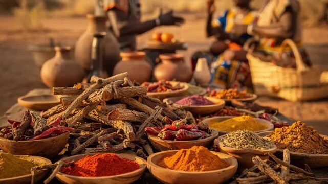 Medium shot highlighting African food elements including dried roots and vibrant spices carefully placed with out of focus traditional pots and community members in the background.