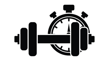 A black silhouette combining a barbell and stopwatch representing fitness timing