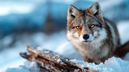 Naklejka premium A wild fox with bright eyes observes its surroundings in a serene snowy landscape, highlighting the beauty and curiosity of nature's creatures in their habitat.