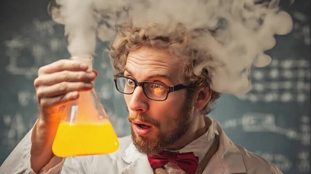 Scientist with curly hair and glasses holds a flask of bubbling orange liquid, surrounded by smoke in a laboratory setting with chalkboard background