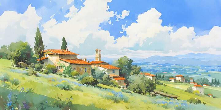 Tuscan hillside village watercolor illustration. Traditional Italian buildings on a green slope with a bell tower under a blue sky