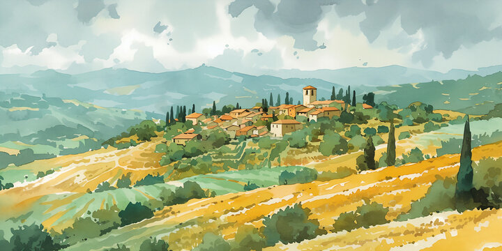 Tuscan hilltop village watercolor illustration. Traditional Italian buildings surrounded by cultivated fields and cypress trees under an overcast sky