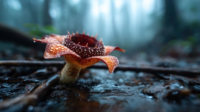 An enigmatic flower blooms in a misty forest, capturing the essence of natural beauty and uniqueness, draped in dew droplets, representing the wonders of nature&rsquo;s resilience.
