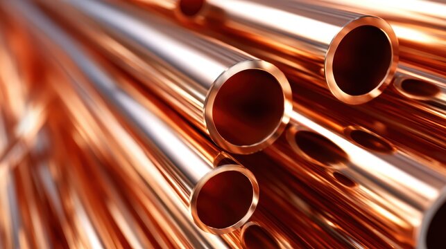A close-up of shiny copper tubes creates an intricate pattern of light reflections, showcasing the material's industrial beauty and aesthetic appeal in a visually striking composition.