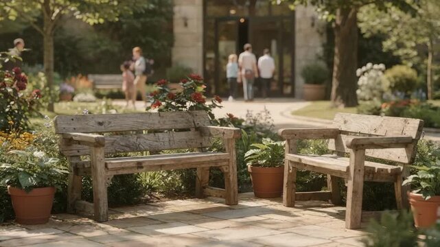 Outdoor family seating zone centered on rustic wooden benches with greenery and softfocus visitors in the background creating a peaceful entryway vibe.