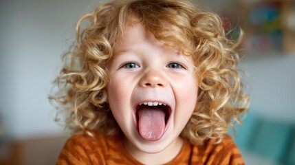 This delightful image captures a joyful child with curly hair excitedly sticking out their tongue, radiating happiness and playfulness in a cozy indoor environment.